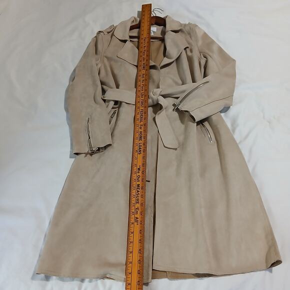 Magaschoni Large Faux Leather/Suede Beige Wrap Trench Coat Mid-Weight SOFT - Picture 9 of 13